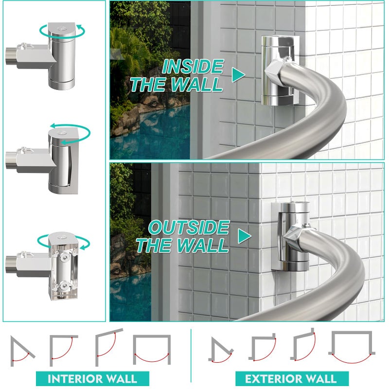 PrettyHome Curved Shower Curtain Rod For Bathroom 38-72 Inches, Adjustable Length, Curved Shower Rod, Metal Rods&Brackets, Round Shower Curtain Rods, Rotate Bracket For Large Shower Space, Need Drilling, Nickle - Image 4